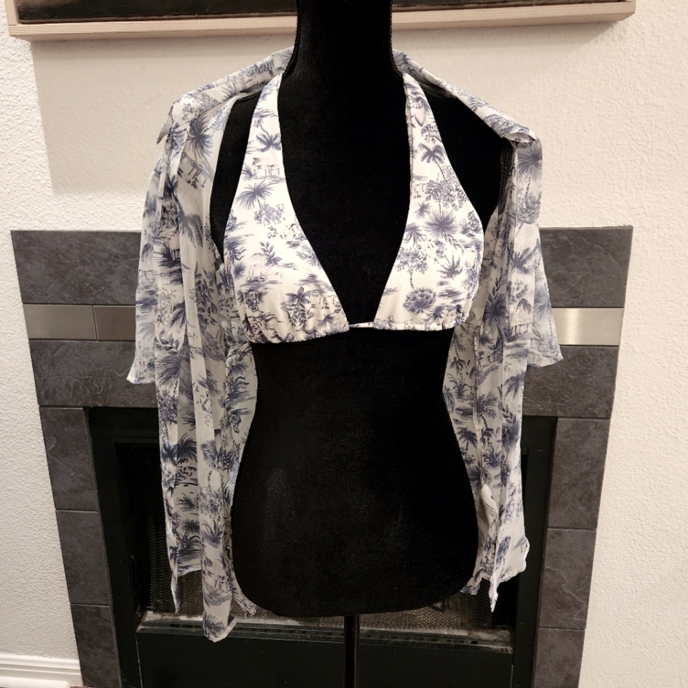 Abercrombie Fitch Bikini Top Cover Up Blue Hawaii Tiki Tropical Palm Retro Swim